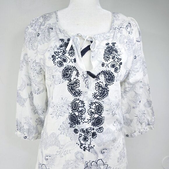 Malvin Hamburg White Linen Paisley Floral Embroidered Tunic Tasseled Top Germany - Picture 3 of 8
